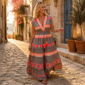 Solana – Maxi-jurk met bohemienprint, V-hals, laagjes en kwastjesceintuur - Esilora
