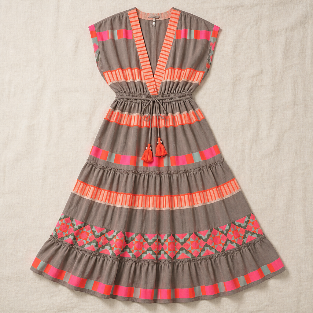 Solana – Maxi-jurk met bohemienprint, V-hals, laagjes en kwastjesceintuur - Esilora