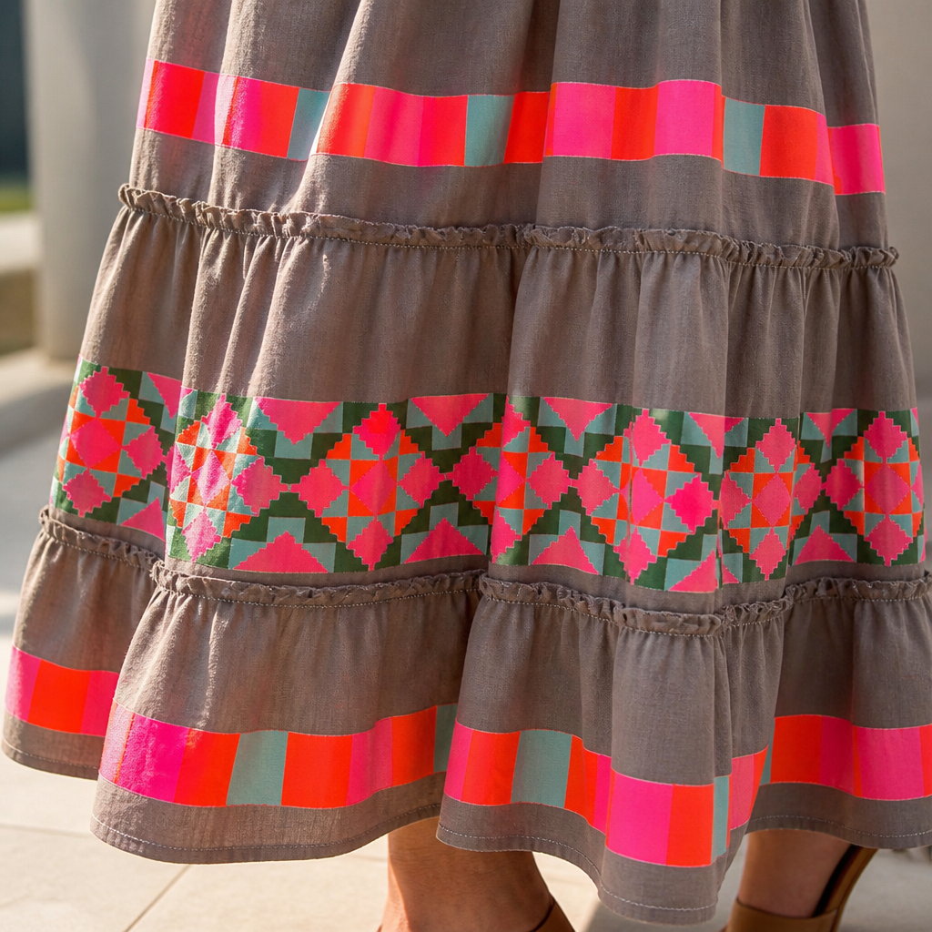 Solana – Maxi-jurk met bohemienprint, V-hals, laagjes en kwastjesceintuur - Esilora