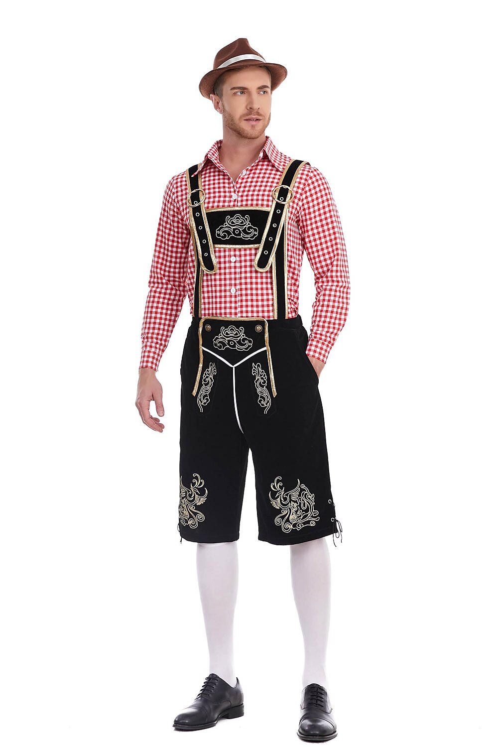 AlpenKönig kostumesæt til mænd — broderede lederhosen, ternet skjorte