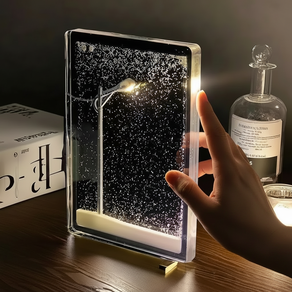 Lampe de table Chute de neige — Lueur givrée diffuse et particules flottantes