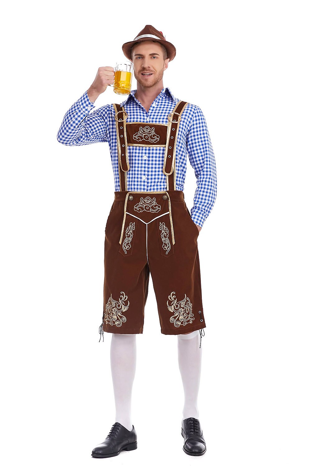 AlpenKönig kostumesæt til mænd — broderede lederhosen, ternet skjorte