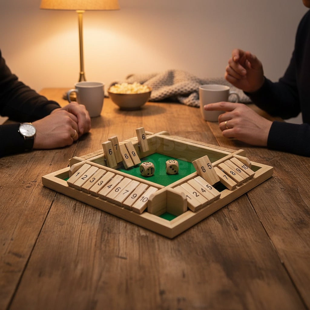 Holz-Würfelspiel-Set – nummerierte Klappplättchen und zwei Würfel