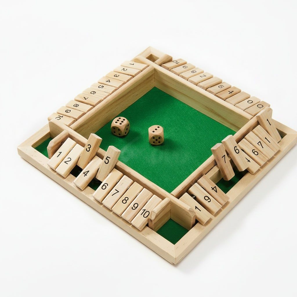 Holz-Würfelspiel-Set – nummerierte Klappplättchen und zwei Würfel