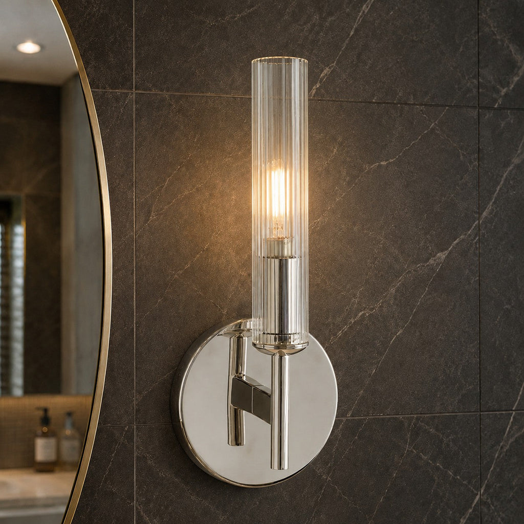 Bravira Glass Tube Wall Sconce - Classic Ribbed Brass Tube Lighting | Esilora