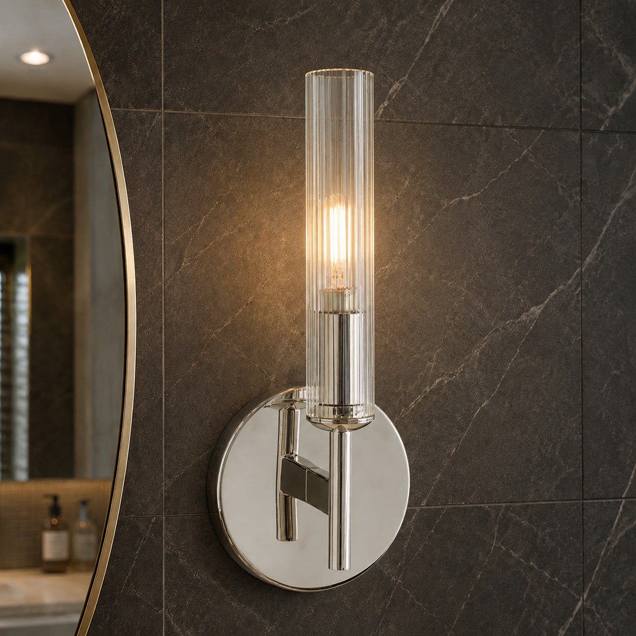 Bravira Glass Tube Wall Sconce - Classic Ribbed Brass Tube Lighting | Esilora