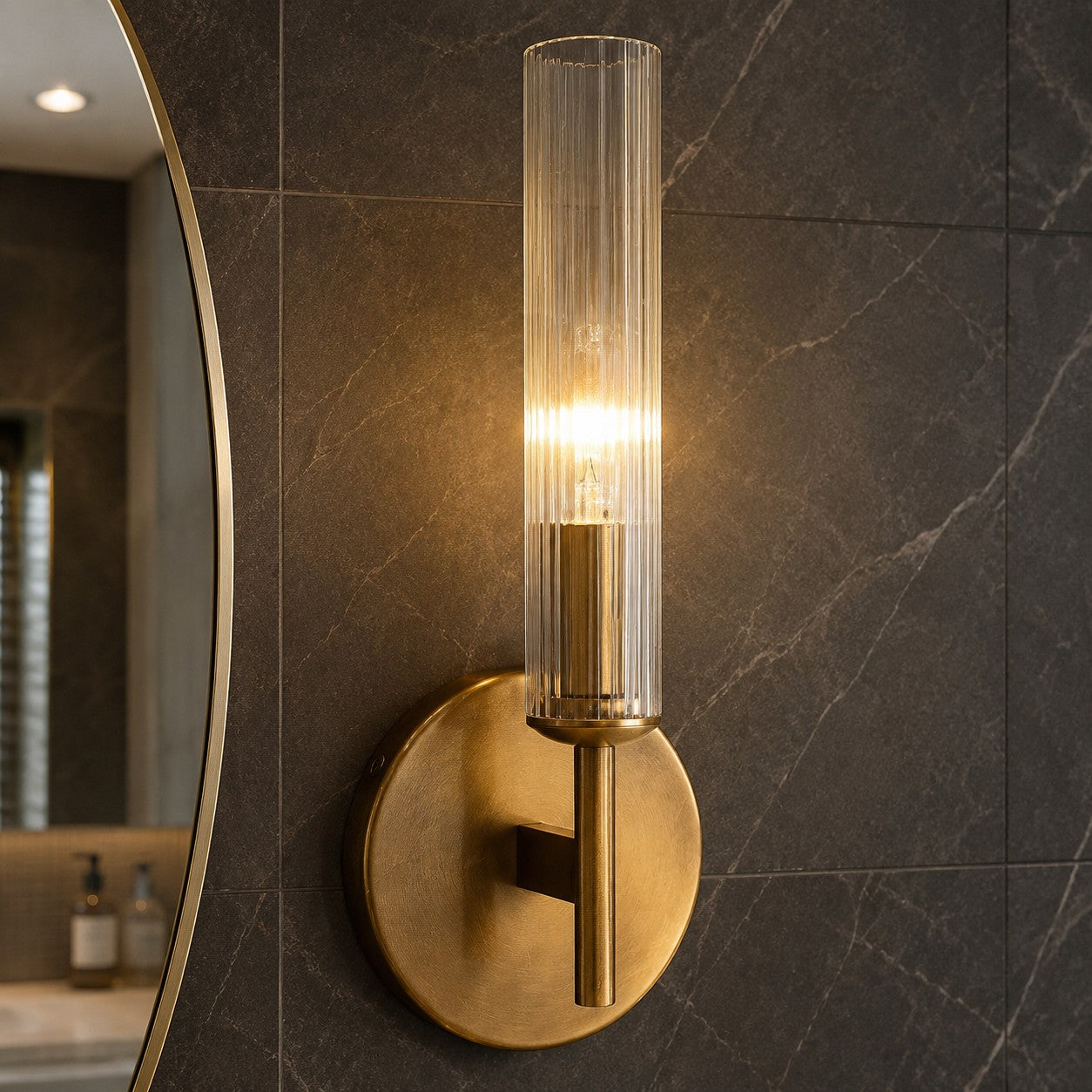 Bravira Glass Tube Wall Sconce - Classic Ribbed Brass Tube Lighting | Esilora