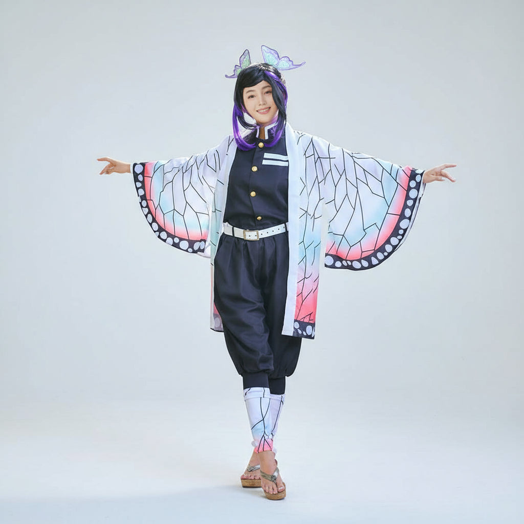 Set de costum anime cu pelerină și kimono cu fluturi, din cinci piese, pentru copii