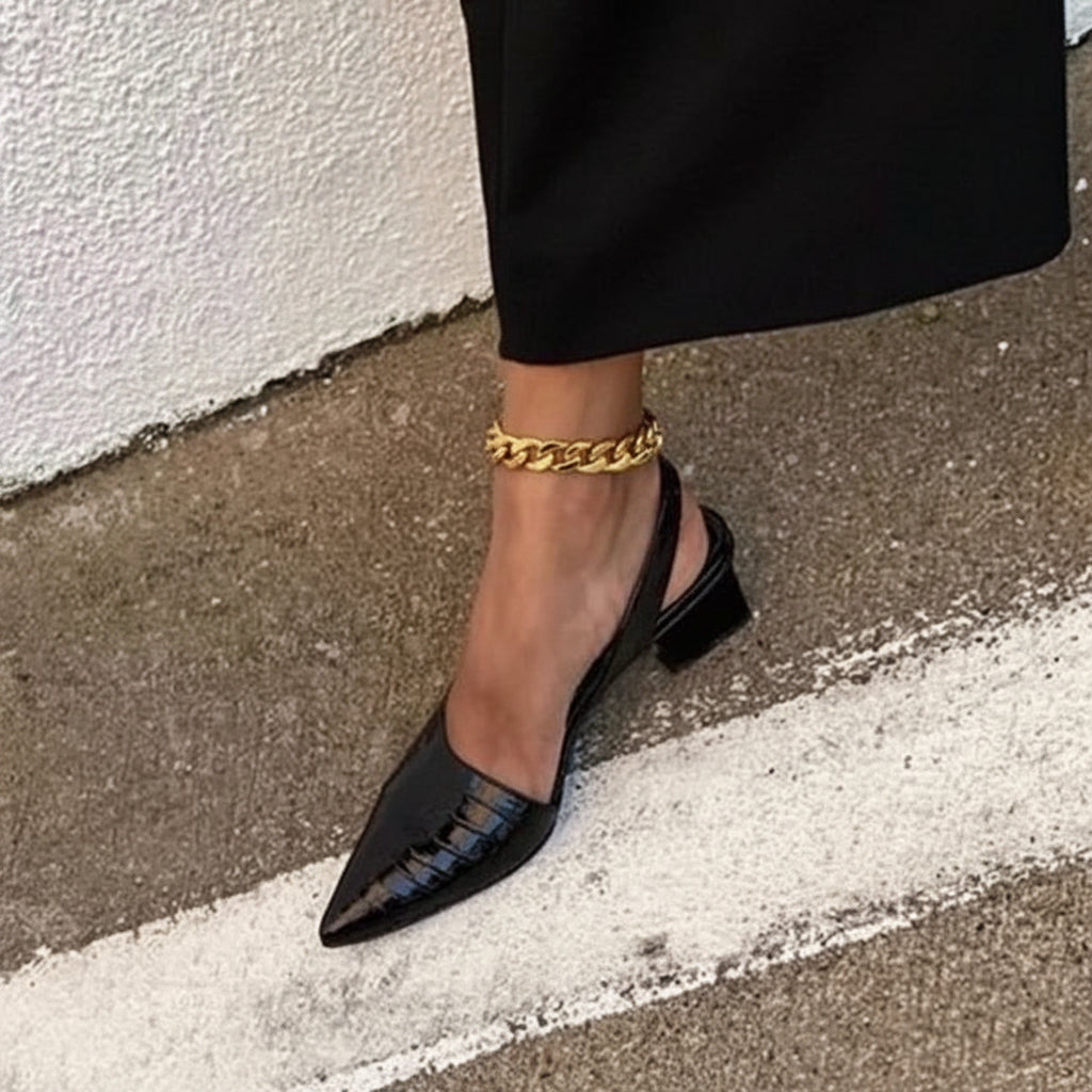 Sapatos de salto slingback para mulher — salto de bloco estruturado, palmilha acolchoada e base contornada
