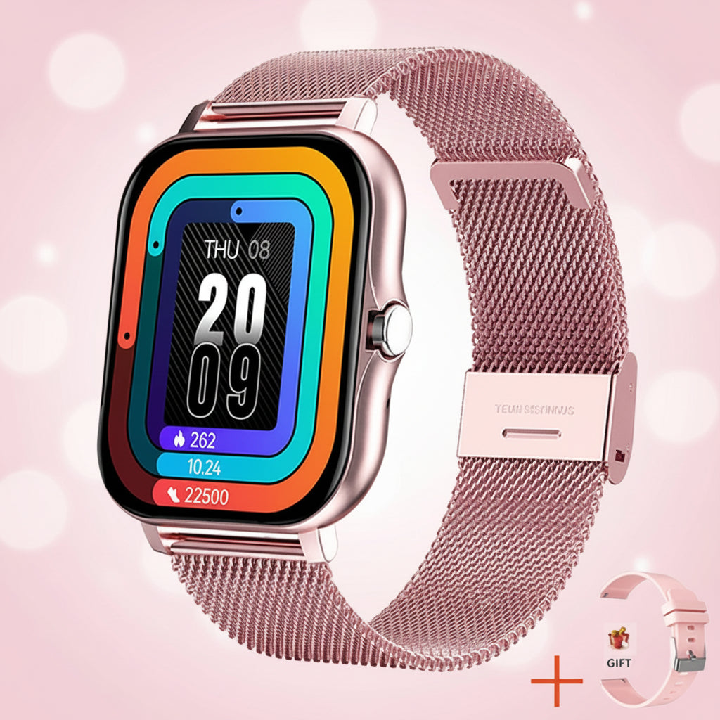 Smartwatch para mulher com bracelete em malha — monitorização abrangente da saúde