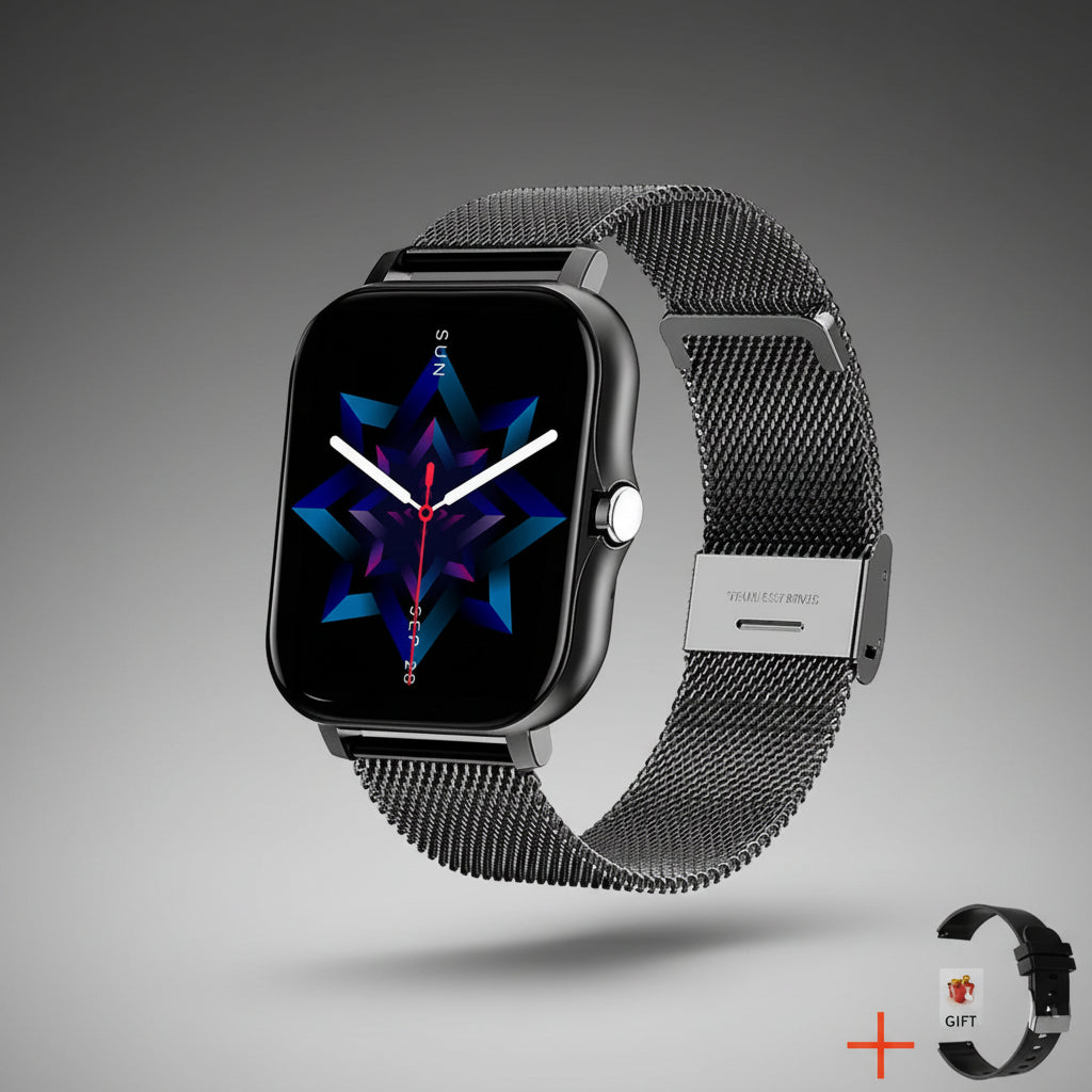 Smartwatch para mulher com bracelete em malha — monitorização abrangente da saúde