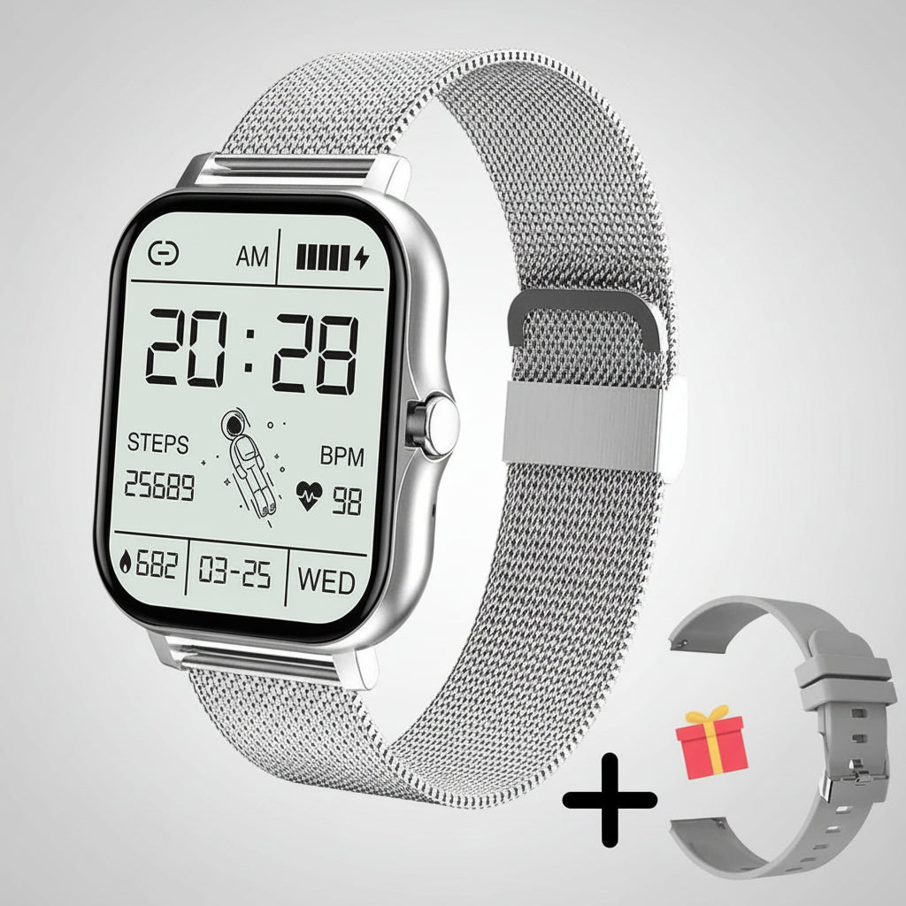 Smartwatch para mulher com bracelete em malha — monitorização abrangente da saúde