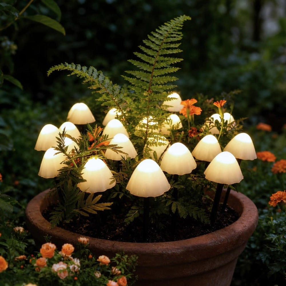 Luzes solares LED de jardim em forma de cogumelo — sensor crepuscular automático