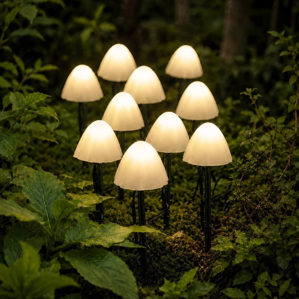 Luzes solares LED de jardim em forma de cogumelo — sensor crepuscular automático