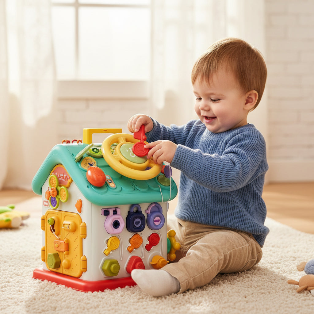 Centro de atividades interativo Spielhaus — brinquedo de aprendizagem sensorial, alavancas mecânicas, painéis táteis e elementos luminosos
