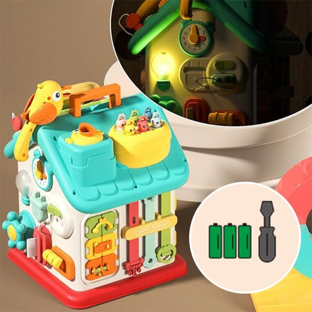 Centro de atividades interativo Spielhaus — brinquedo de aprendizagem sensorial, alavancas mecânicas, painéis táteis e elementos luminosos