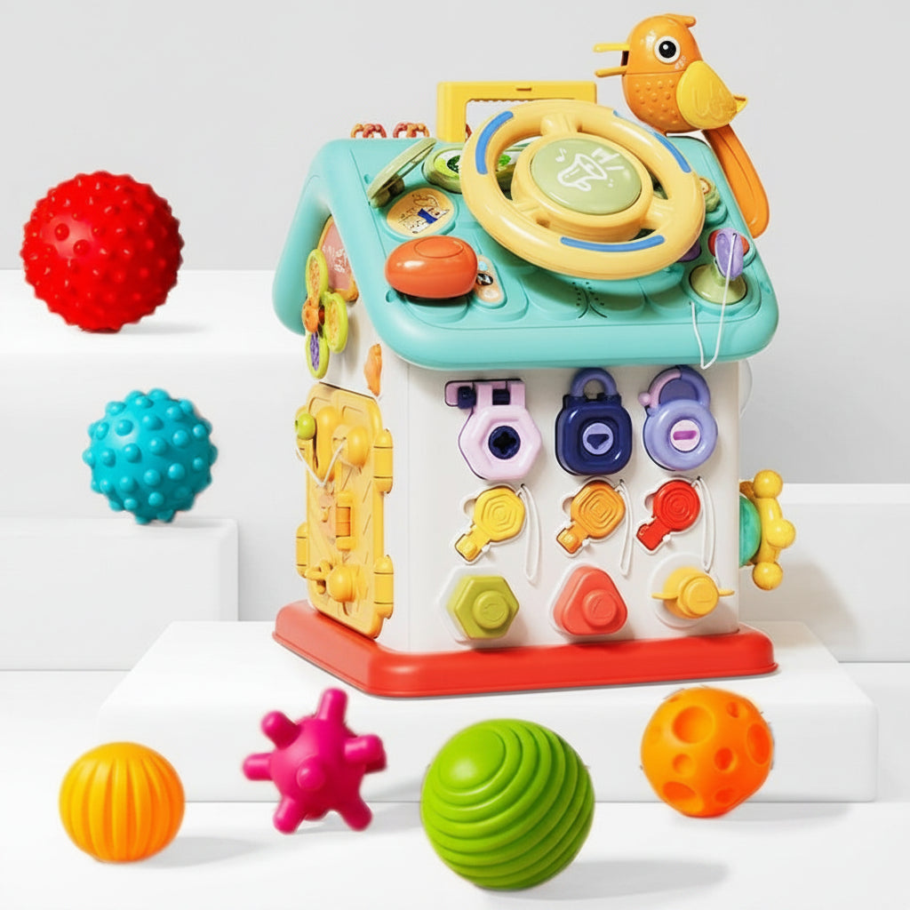 Centro de atividades interativo Spielhaus — brinquedo de aprendizagem sensorial, alavancas mecânicas, painéis táteis e elementos luminosos
