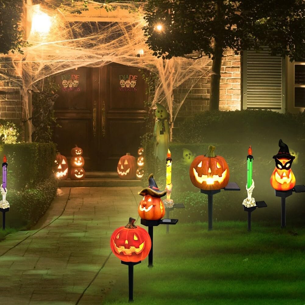 ソーラーハロウィンパンプキンライト - 4個セットの暖色系白色LEDガーデンライト