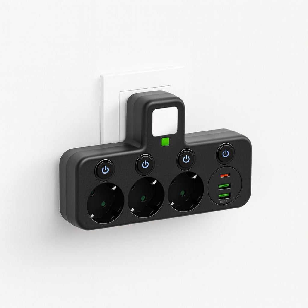 محوّل جداري بثلاثة مقابس — منفذا USB-A ومنفذ USB-C واحد