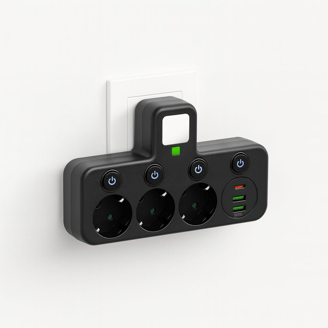 محوّل جداري بثلاثة مقابس — منفذا USB-A ومنفذ USB-C واحد