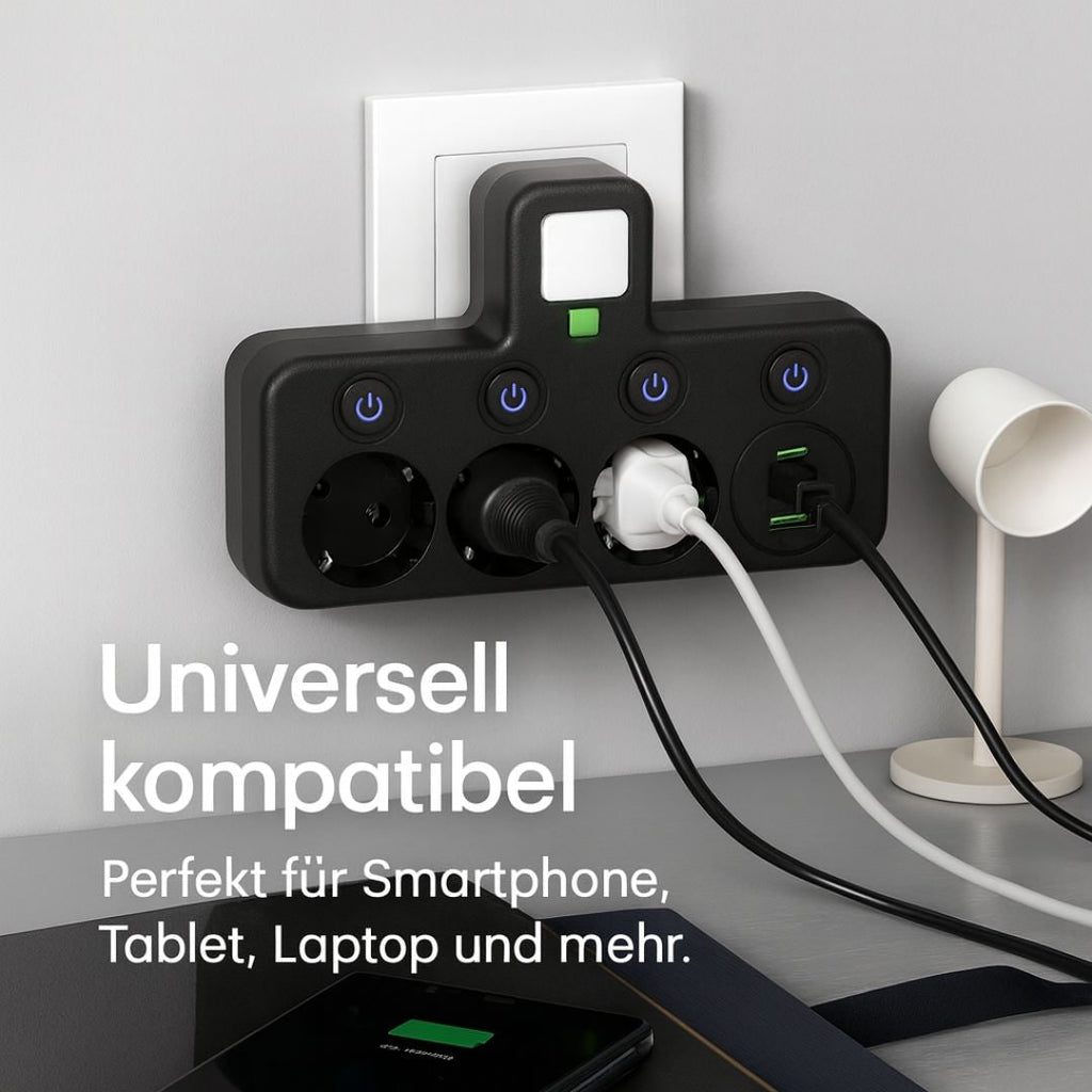 محوّل جداري بثلاثة مقابس — منفذا USB-A ومنفذ USB-C واحد