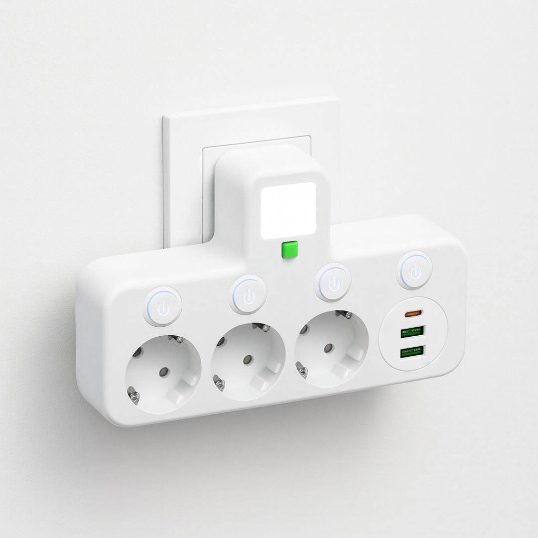 محوّل جداري بثلاثة مقابس — منفذا USB-A ومنفذ USB-C واحد
