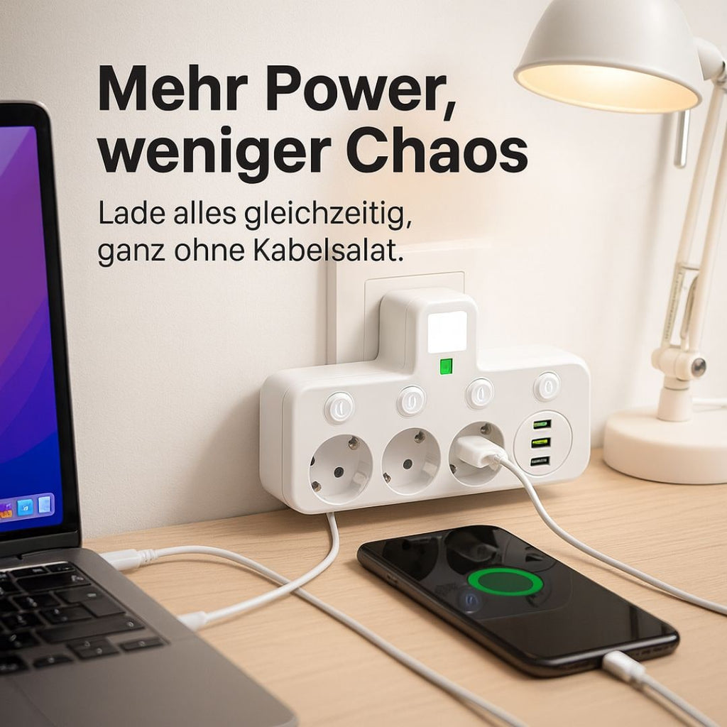 محوّل جداري بثلاثة مقابس — منفذا USB-A ومنفذ USB-C واحد