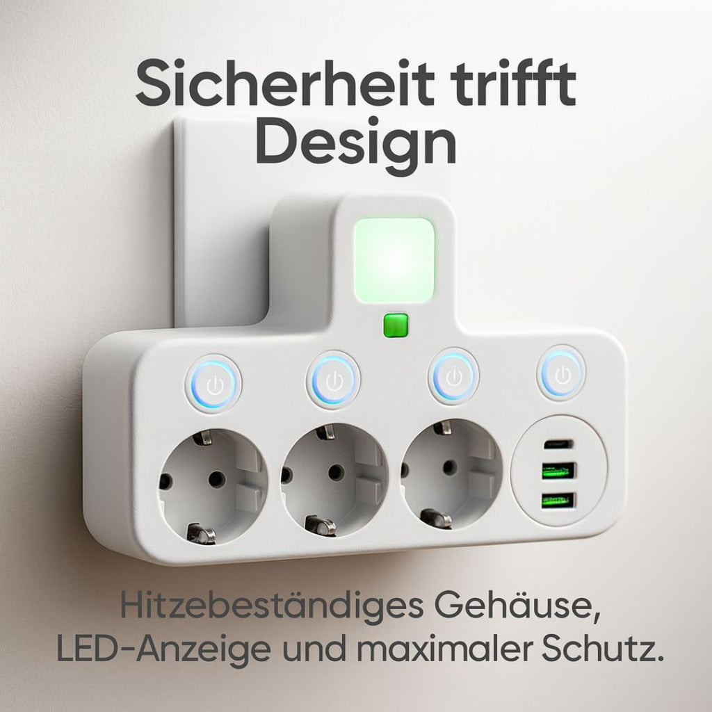 محوّل جداري بثلاثة مقابس — منفذا USB-A ومنفذ USB-C واحد