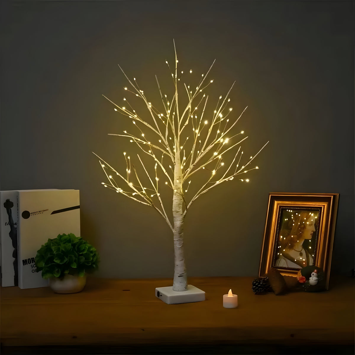 Lampă decorativă LED în formă de copac, fără fir — înălțime de 60cm, lumină alb cald