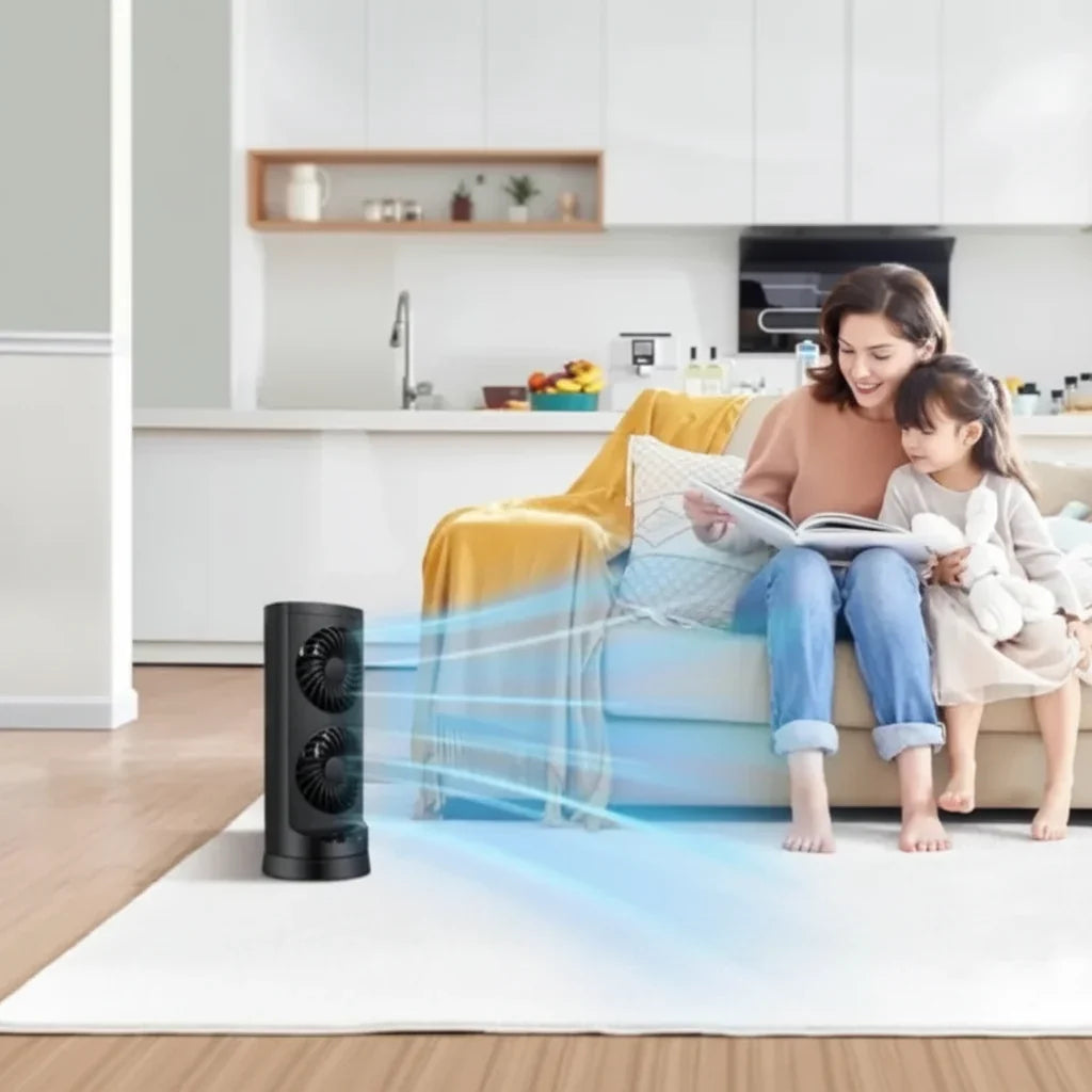 Ventilator turn modern negru — Profil vertical subțire, răcire care economisește spațiu