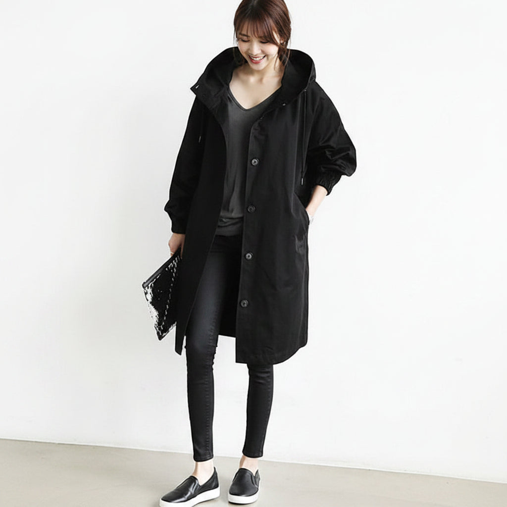 Ledig lång trenchcoat för kvinnor — huva och fickor