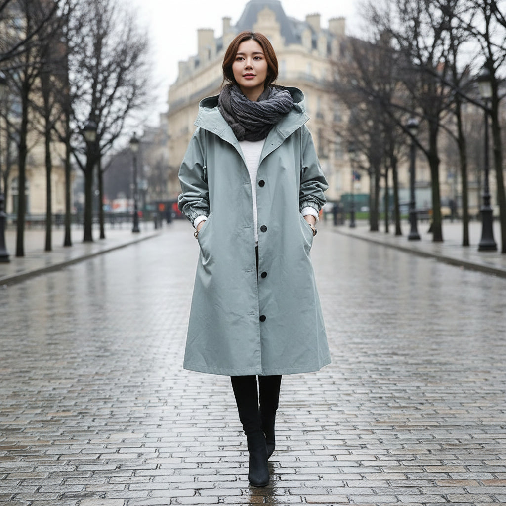 Ledig lång trenchcoat för kvinnor — huva och fickor