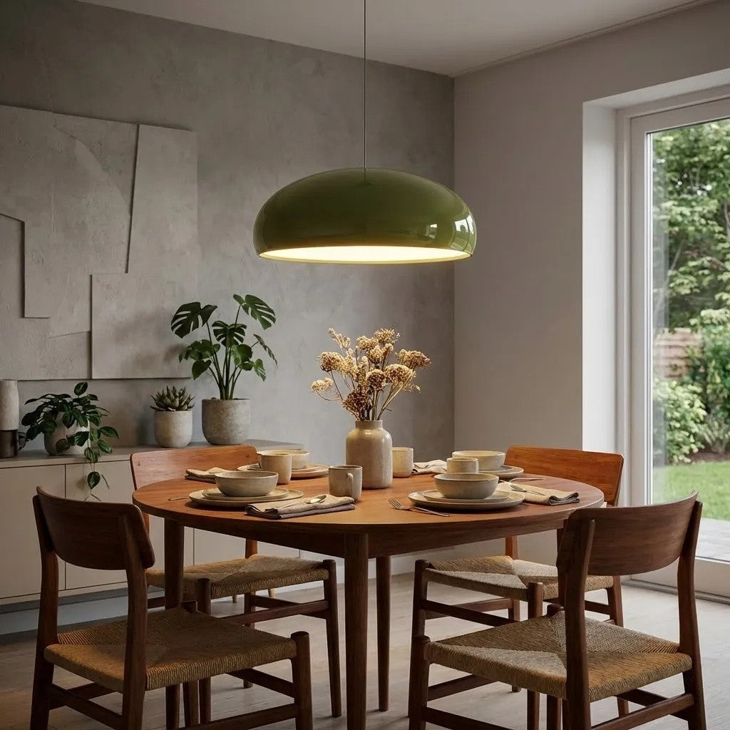 Lámpara colgante Haelen con forma de cuenco colorido - pantalla metálica moderna para comedor | Esilora