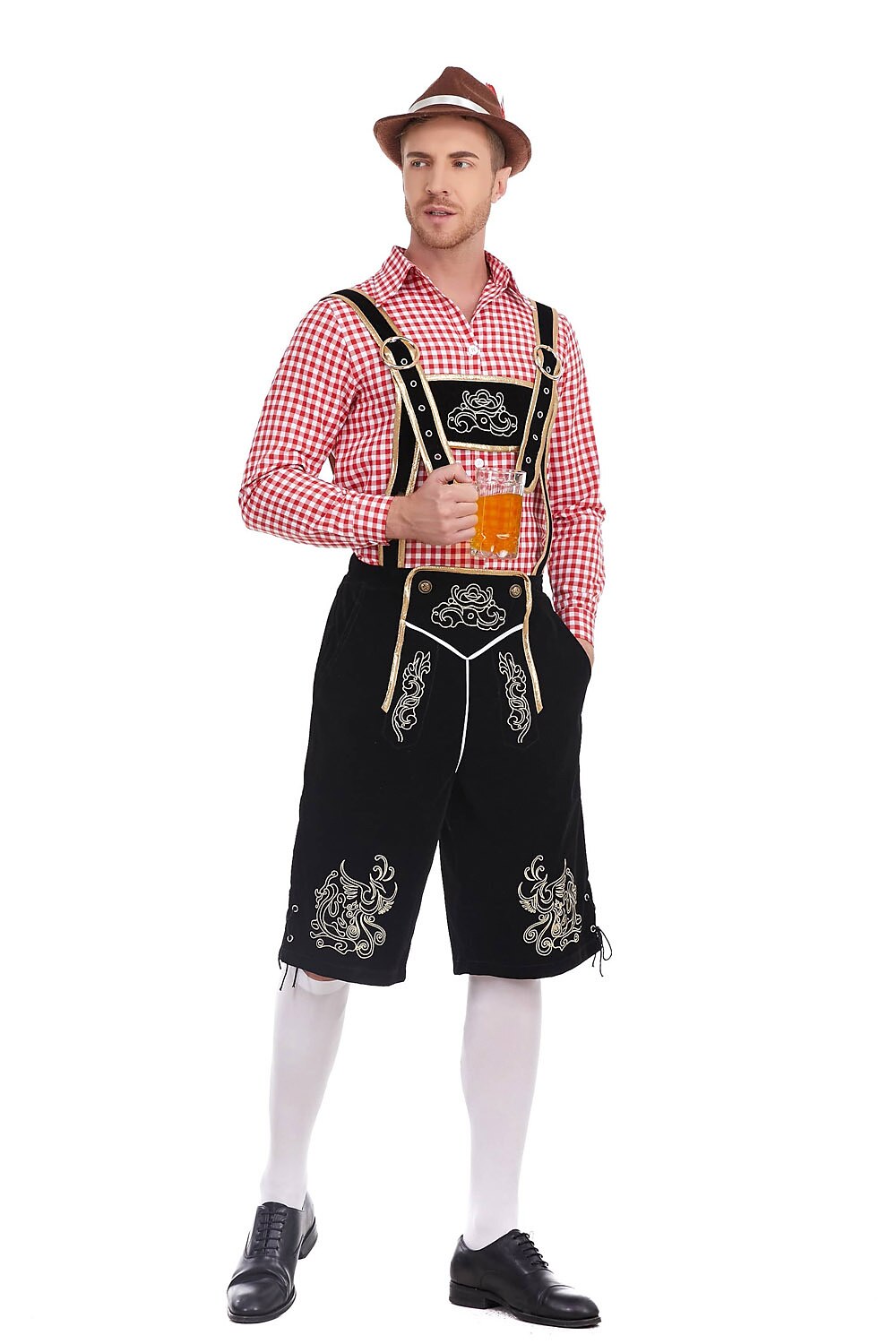 AlpenKönig kostumesæt til mænd — broderede lederhosen, ternet skjorte