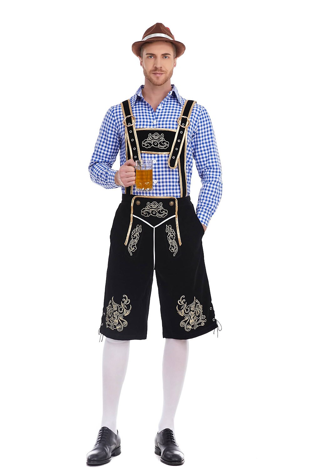 AlpenKönig kostumesæt til mænd — broderede lederhosen, ternet skjorte