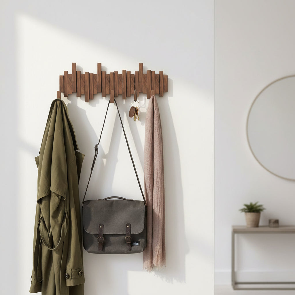 Nástěnný věšák s výklopnými háčky, design kláves klavíru