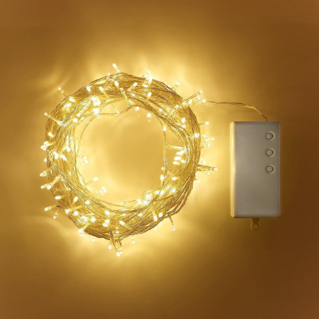 Instalație luminoasă LED cu 200 de becuri, lumină albă caldă - alimentată cu baterii, 20 Meter