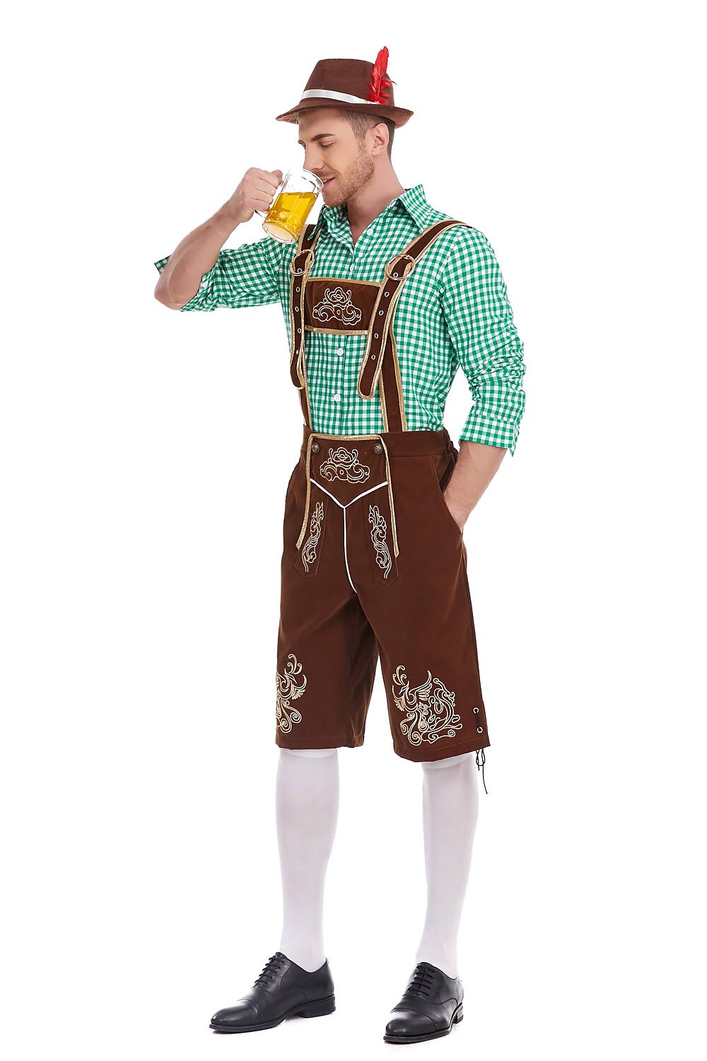 AlpenKönig kostumesæt til mænd — broderede lederhosen, ternet skjorte